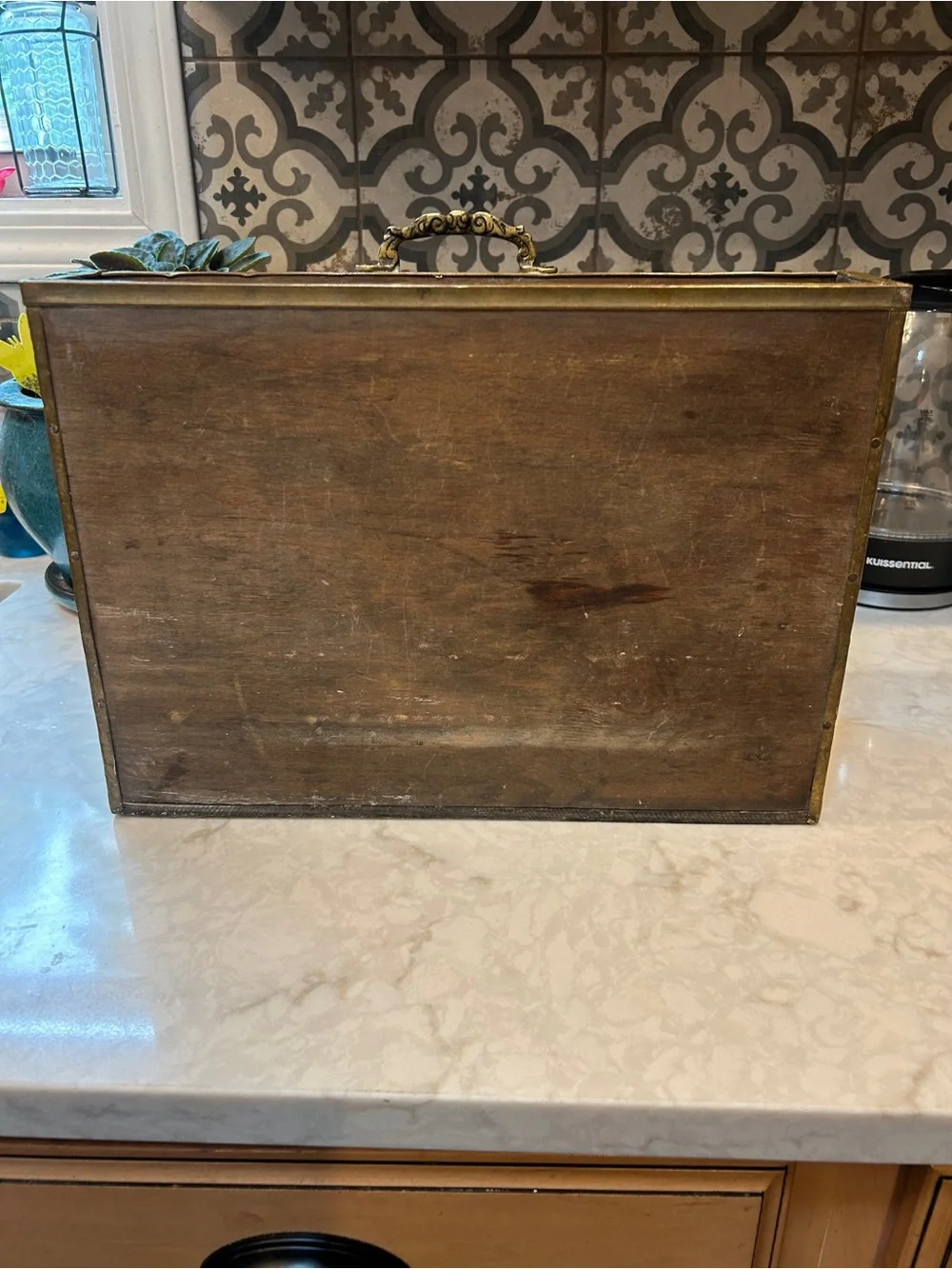 ANTIQUE VINTAGE EMBOSSED BRASS & WOOD CONTAINER-SHIP DESIGN-1920s